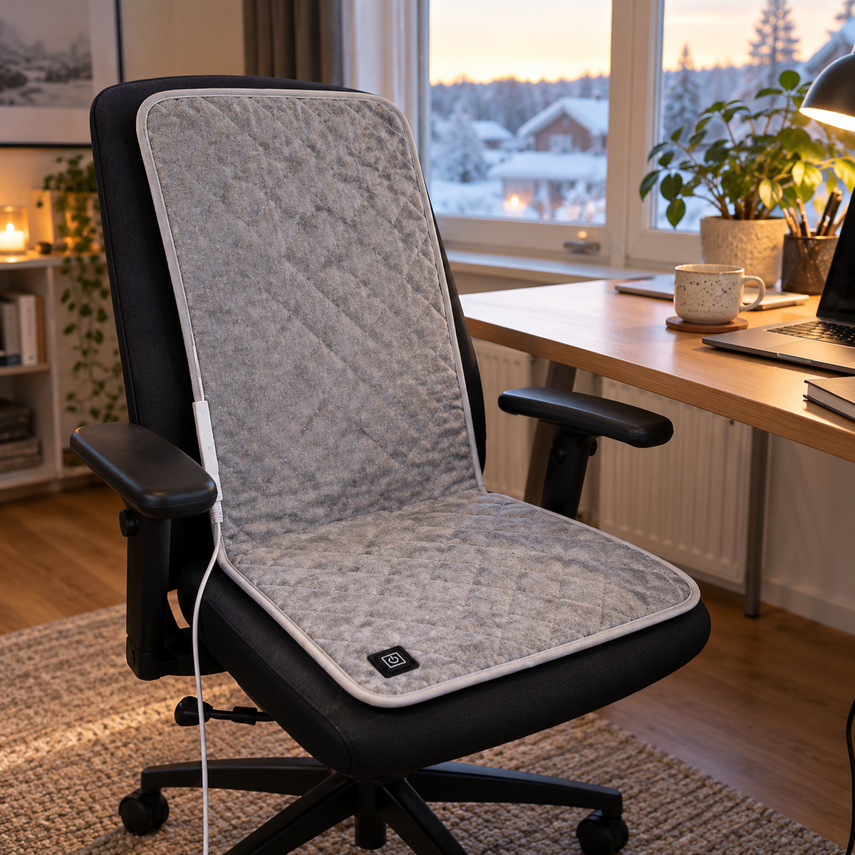 ORVO-lämpöistuin toimistotuolilla ikkunan edessä, taustalla luminen talvimaisema