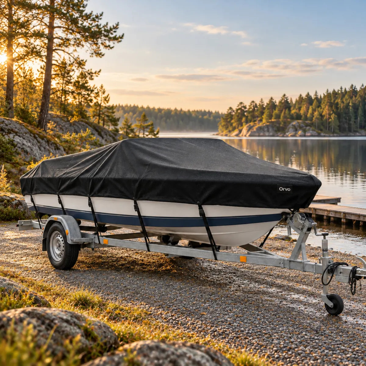 Vene trailerilla järven rannalla ilta-auringossa ORVO-venepeitteen suojassa