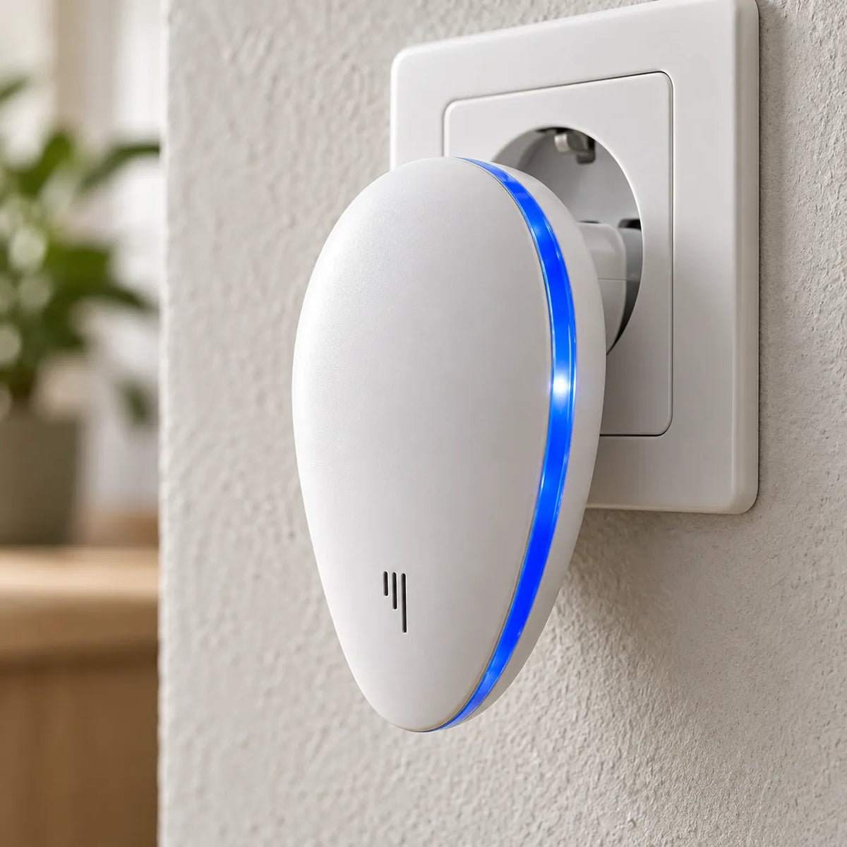 Lähikuva PestGuardista pistorasiassa sininen LED-rengas päällä