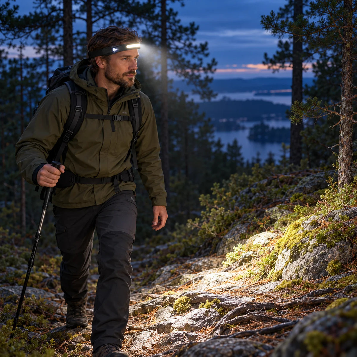 Man vandrar på en skogsstig i skymningen med pannlampan som lyser upp stenar och mossa